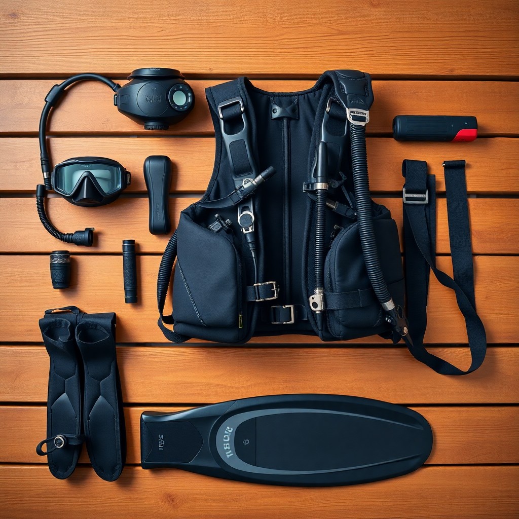 Profesionální potápěčská výstroj na dřevěné lavici – jacket, automat, počítač, maska, ploutve – editoriální fotografie vybavení Tom's Diving