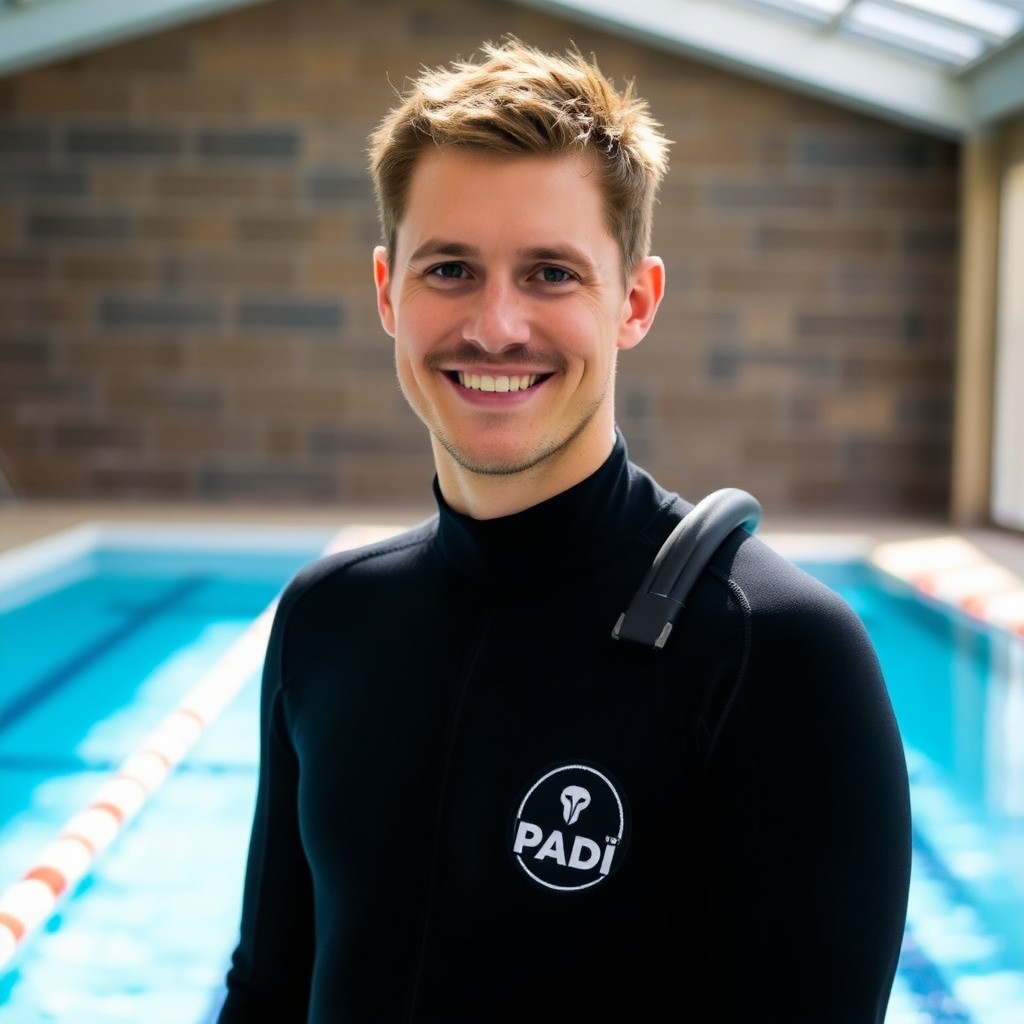 Tomáš Dvořák, zakladatel a PADI Course Director školy Tom's Diving Praha, v černém neoprénu u bazénu, přirozené osvětlení