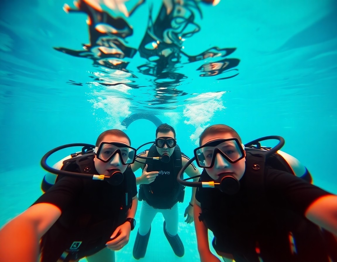 Výcvik v bazénu – instruktor Tom's Diving Praha vede tři studenty pod vodou v plné potápěčské výstroji, jasně modrá voda, dokumentární záběr