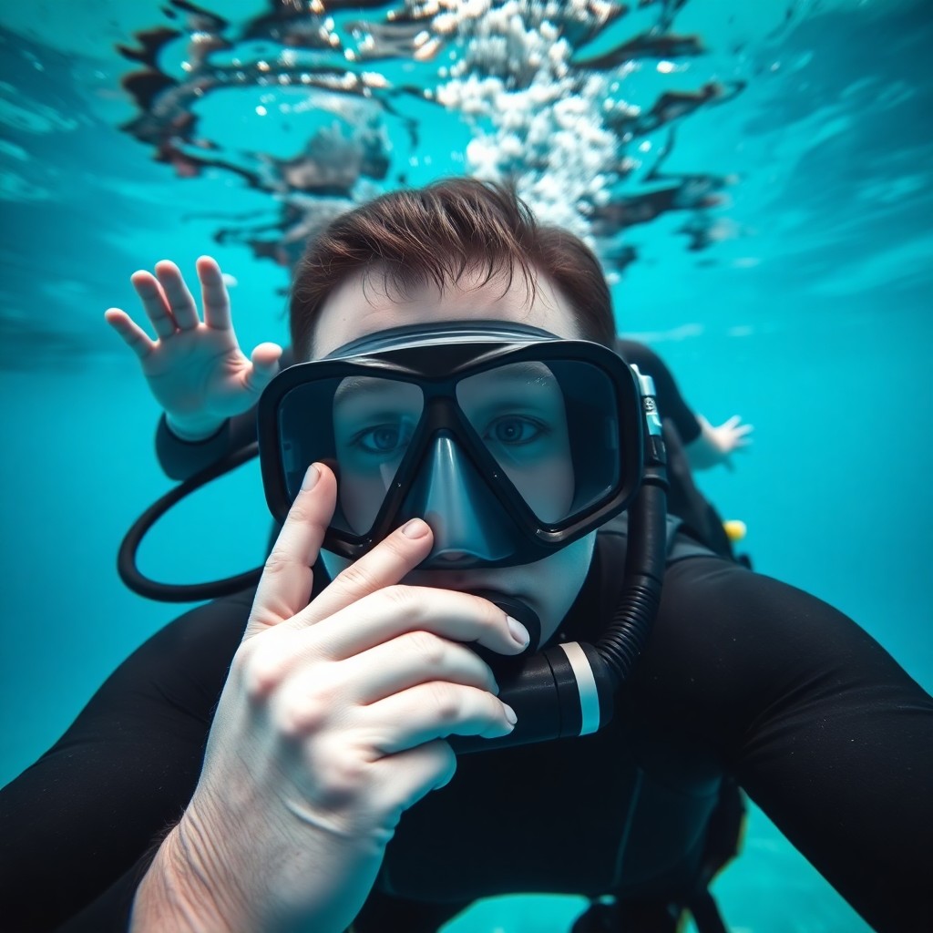 Student procvičuje vyndávání masky pod vodou během kurzu Open Water u Tom's Diving Praha, instruktor v pozadí ukazuje signál OK